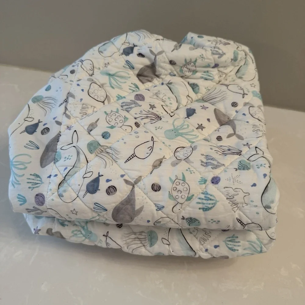 Crate & Barrel Quilted Changing Pad Cover Organic Cotton Sea Print Set Of 2‎